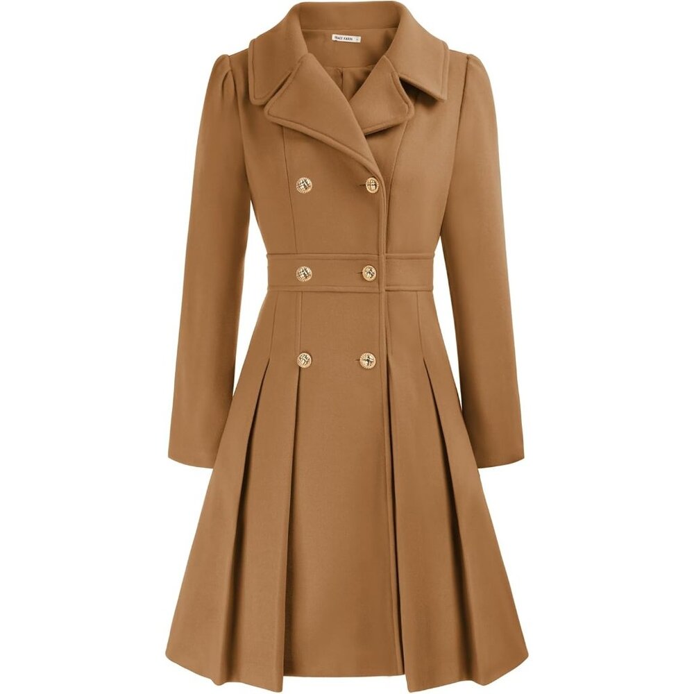 ✨Camel Brown Trench Coat Notch Lapel Double Breasted Pea Coats Jacket